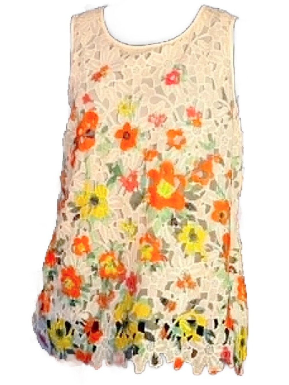 Signature Studio Top Women’s Medium Floral 3D Lace Cutout Ivory Orange Sleeveles